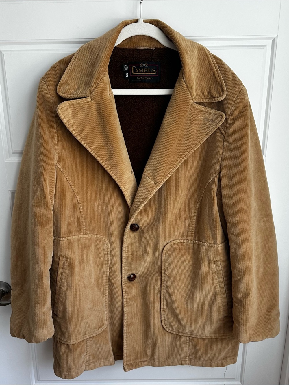 Vintage Campus Outerwear 1970s Tan Corduroy Fleece Lined Sherpa Jacket Size 44